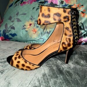 Nine West Cow Fur Leopard Print Ankle Strap Heels 8M